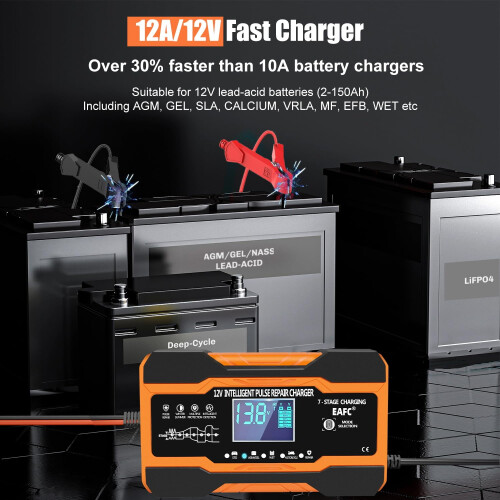EAFC 12-Amp Car Battery Charger, 12V/12A Smart Fully Automatic 1