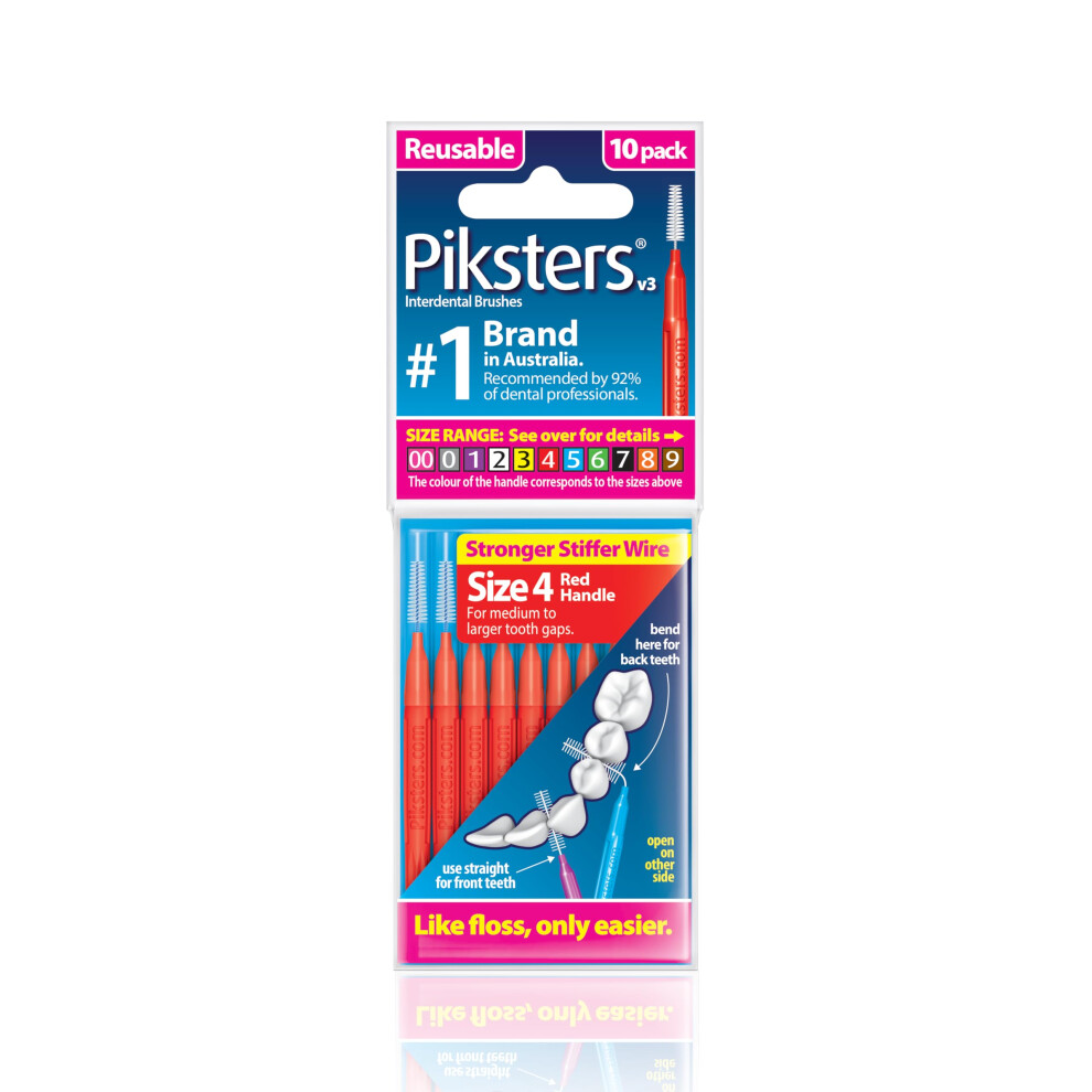 Piksters Interdental Brushes, 10 Pk, Size 4, Interdental Tooth Brush For Medium Gaps, Gum Soft Bristles For Plaque Removal, Safe For Braces