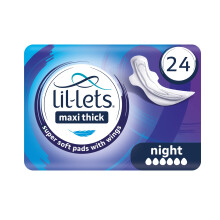 Lil-Lets Maxi Thick Period Pads X 24, Night Absorbency, with Wings, 1 Pack of 24