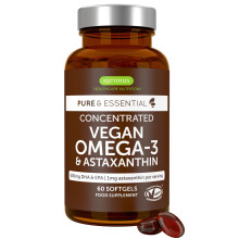 Igennus Vegan Omega-3 Algae Oil, IAOS Tested Pure & Sustainable, DHA 400mg & EPA 200mg, with Astaxanthin Antioxidant, Small Easy-to-Swallow Softgels,