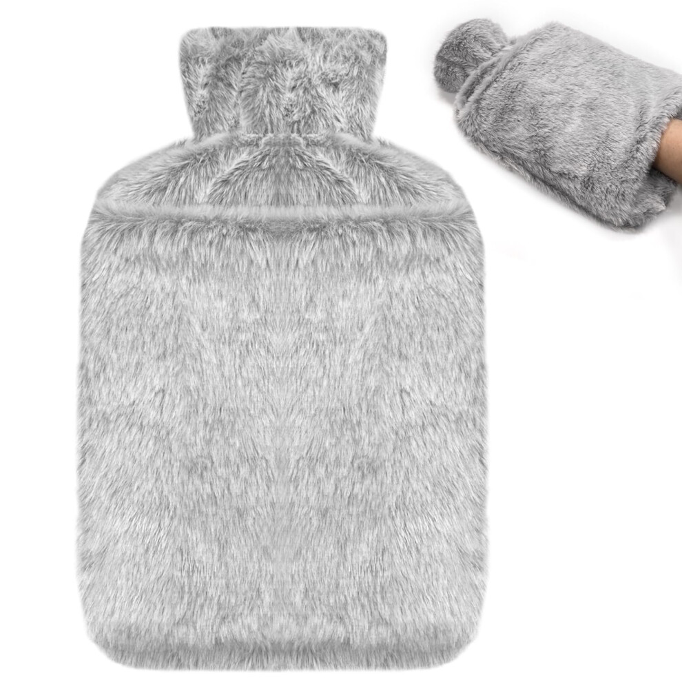Jsdoin Hot Water Bottle With Luxury Cosy Faux Fur Cover Uk, 2L Leakproof Hot Water Bag For Neck, Shoulder Pain And Hand Feet Warmer (Gray)