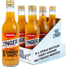 Zinger 5 Shot - Organic Ginger Shots (6x330ml) | 30 Servings | Refreshing Fiery Ginger Drink | Vegan and Gluten Free | No Added Sugar