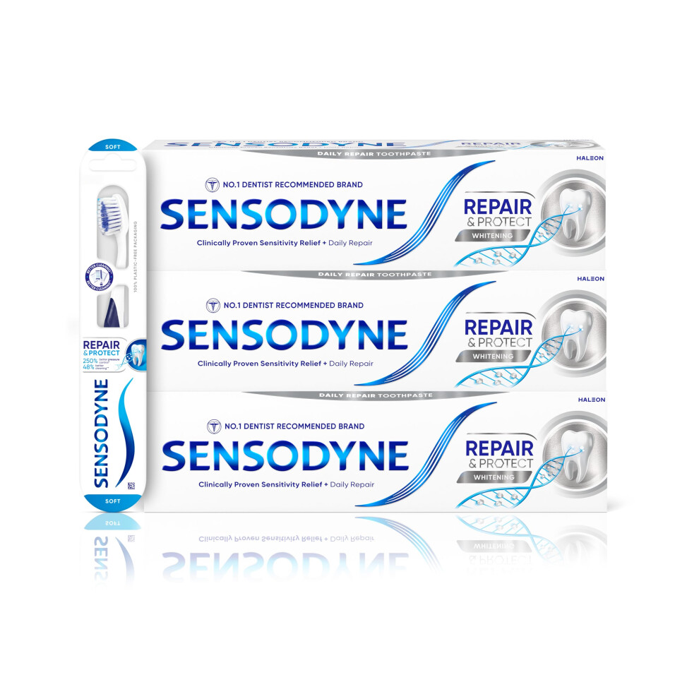 Sensodyne Toothpaste Repair And Protect, Teeth Whitening Toothpaste Multipack With Toothbrush, 3 X 75Ml