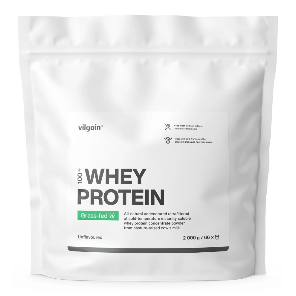 Vilgain Grass-Fed Whey Protein Powder Unflavoured 2000G | 23G Protein Per Serving | British Sourced | No Artificial Sweeteners