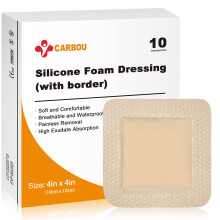Carbou 10Pcs Silicone Foam Dressing 4"x 4"(10 cm x 10 cm) - with Border Adhesive Waterproof Central Ultra Absorbent-Foam (2.5" X 2.5") Square Dressin
