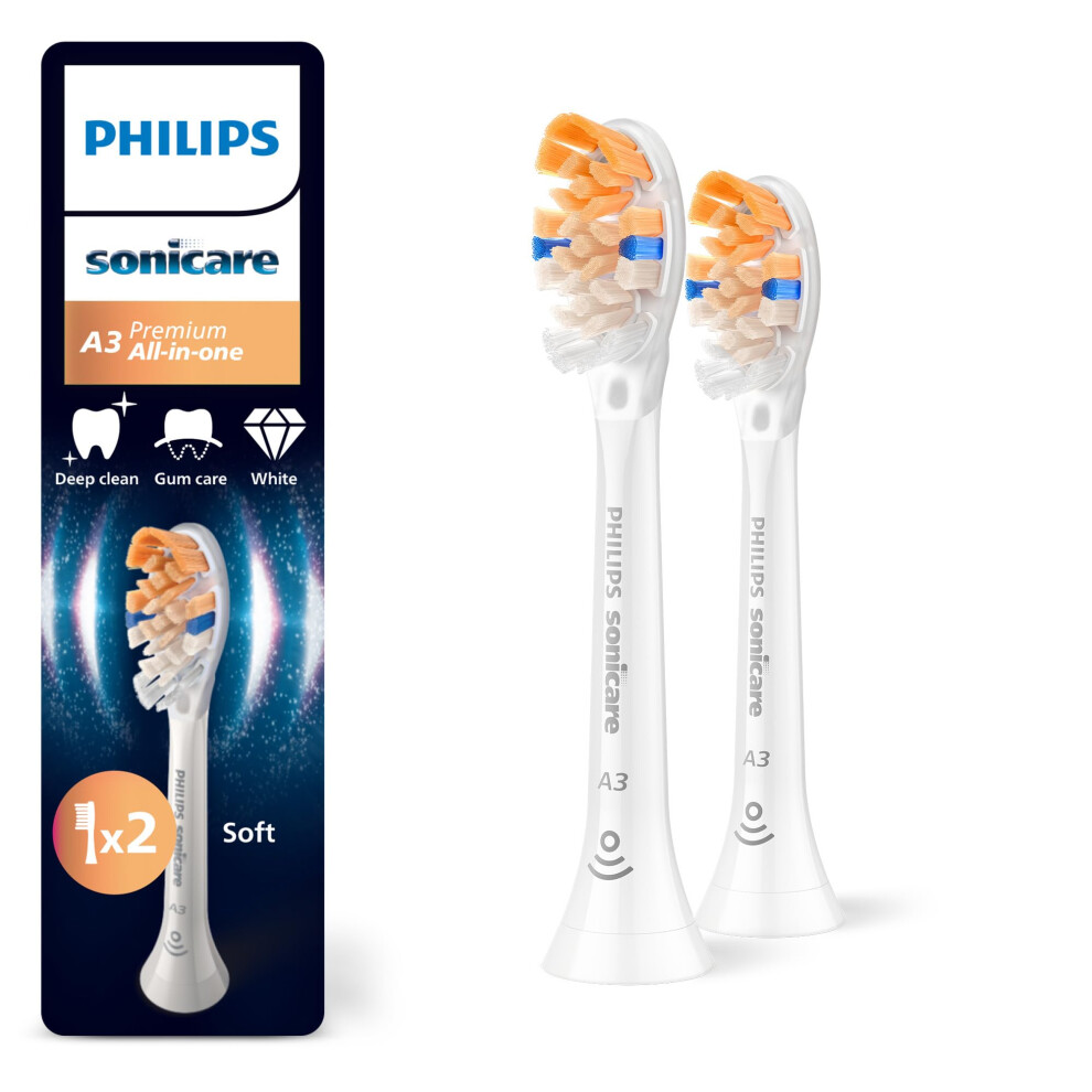 Philips White Sonicare A3 Premium All-In-One, Genuine Replacement Toothbrush Heads, 2 Pack, Hx9092/87