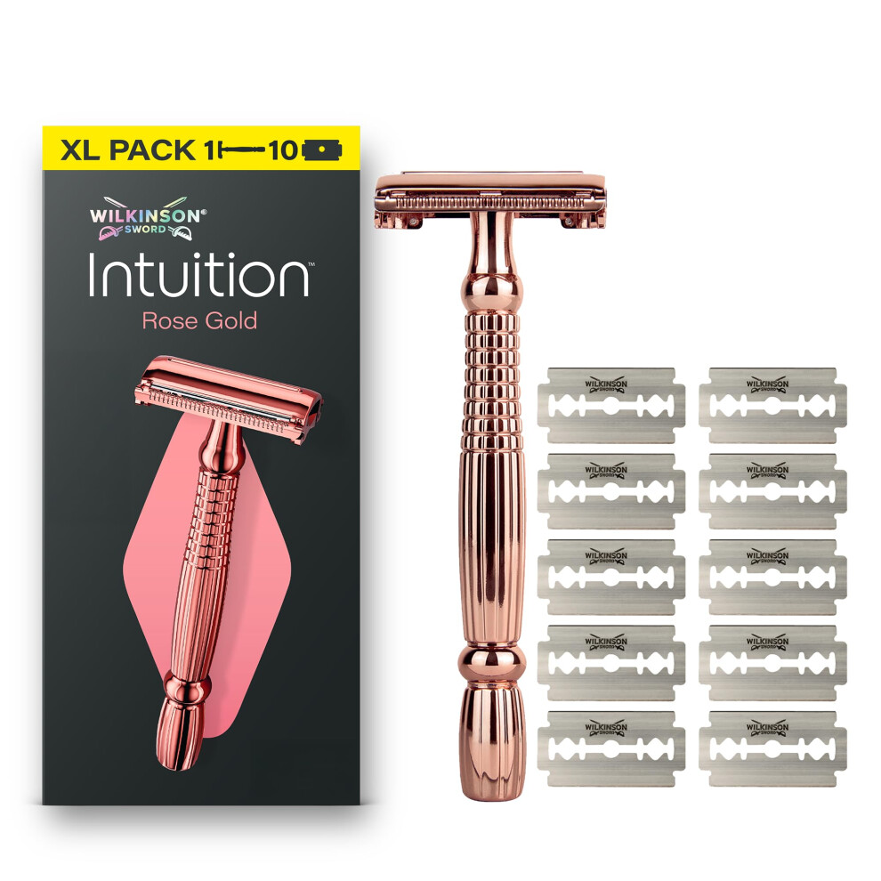 Wilkinson Sword Gold Intuition Rose Safety Razor For Women, Premium Metal Handle, 1 WomenâS Razor Handle And 10 Blade Refills
