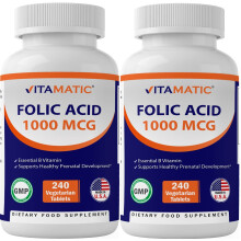 Vitamatic Folic Acid 1000 mcg (1 mg) - Vegetarian Tablets - 1667 mcg DFE - Vitamin B9 (240 Count (Pack of 2))