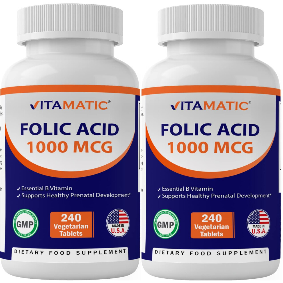 Vitamatic Folic Acid 1000 Mcg (1 Mg) - Vegetarian Tablets - 1667 Mcg Dfe - Vitamin B9 (240 Count (Pack Of 2))
