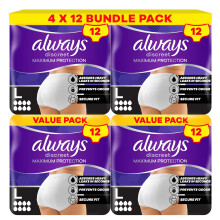 Always Discreet Incontinence Pant Maximum Protection 8 Drops, Size L, 4x12 Counts, with Odour Neutralising Technology