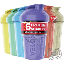 VELOMIX -6 PACK- 600ml Protein Shaker Bottle -6x Wire Mixball | Leak Proof Shaker For Protein Shakes | Stackable Protein Shake Bottle | Dishwasher Sa