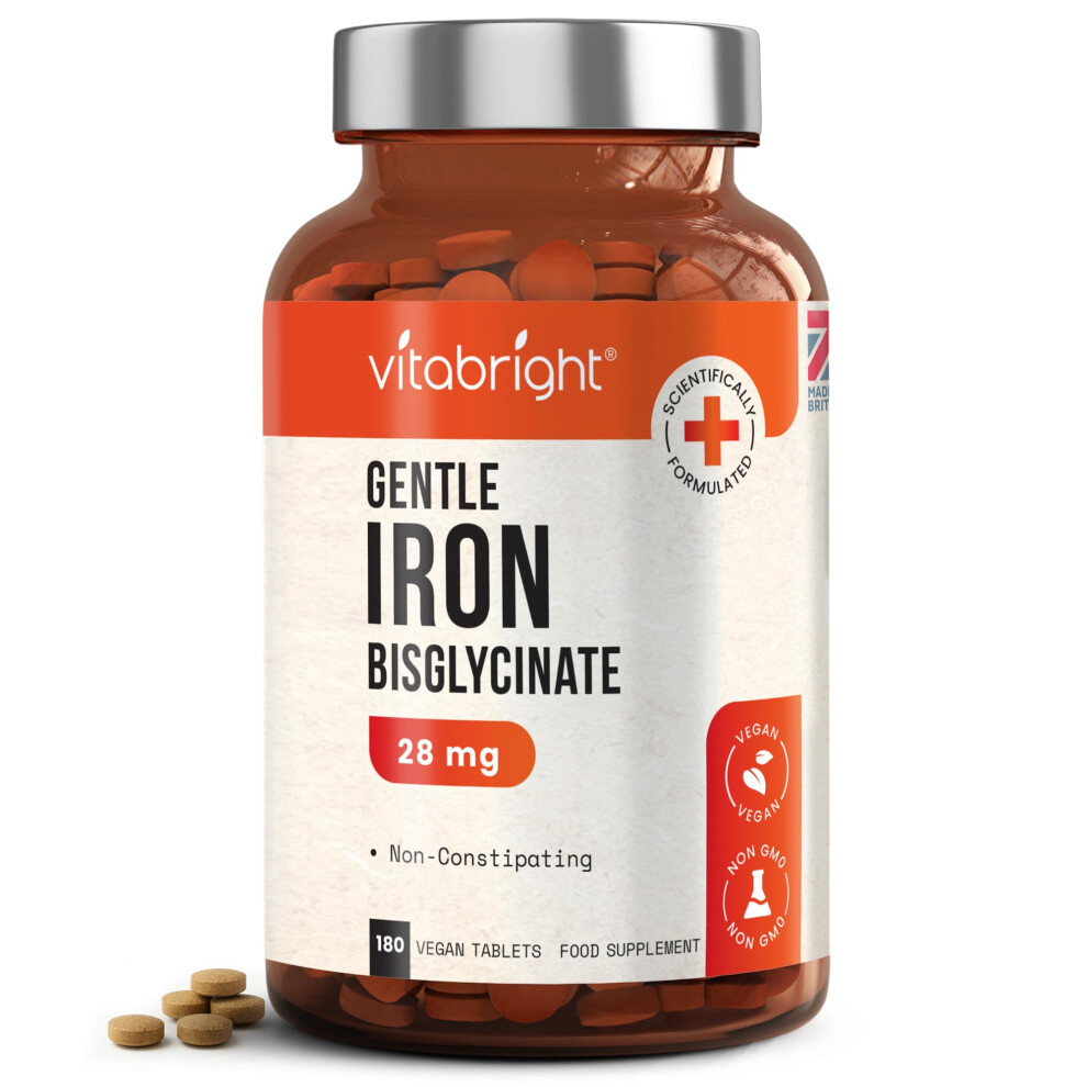 Vitabright Iron Supplements For Women & Men | 28Mg | 180 Gentle Iron Tablets | High Strength Ferrous Bisglycinate | Non Constipating | Supplements For Tiredness