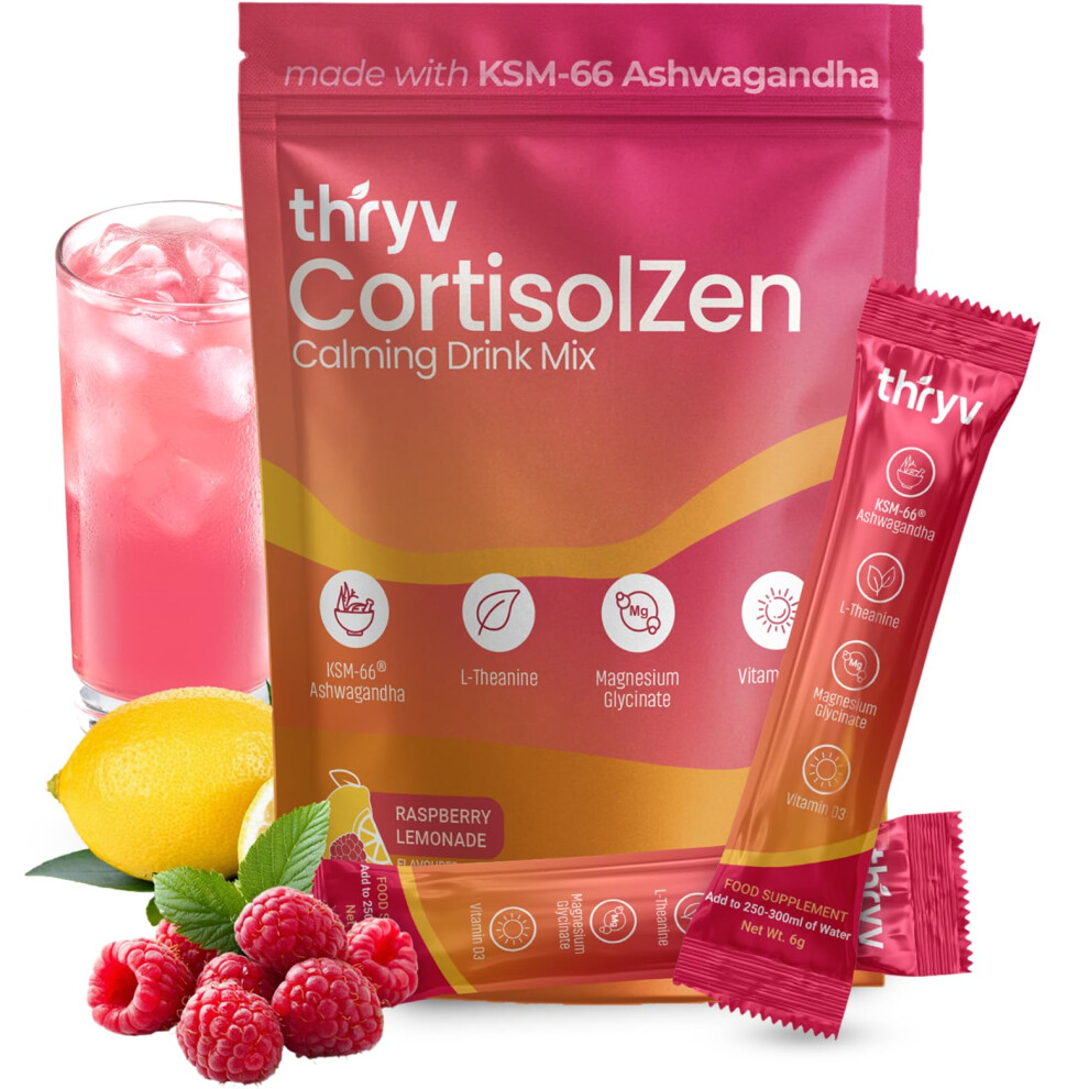 Thryv Cortisol Drink Sachets - Magnesium Powder With Ksm-66 Ashwagandha, L-Theanine, Vitamin D3 - Sugar Free Calm Drink For Stress Relief, Focus, Mem