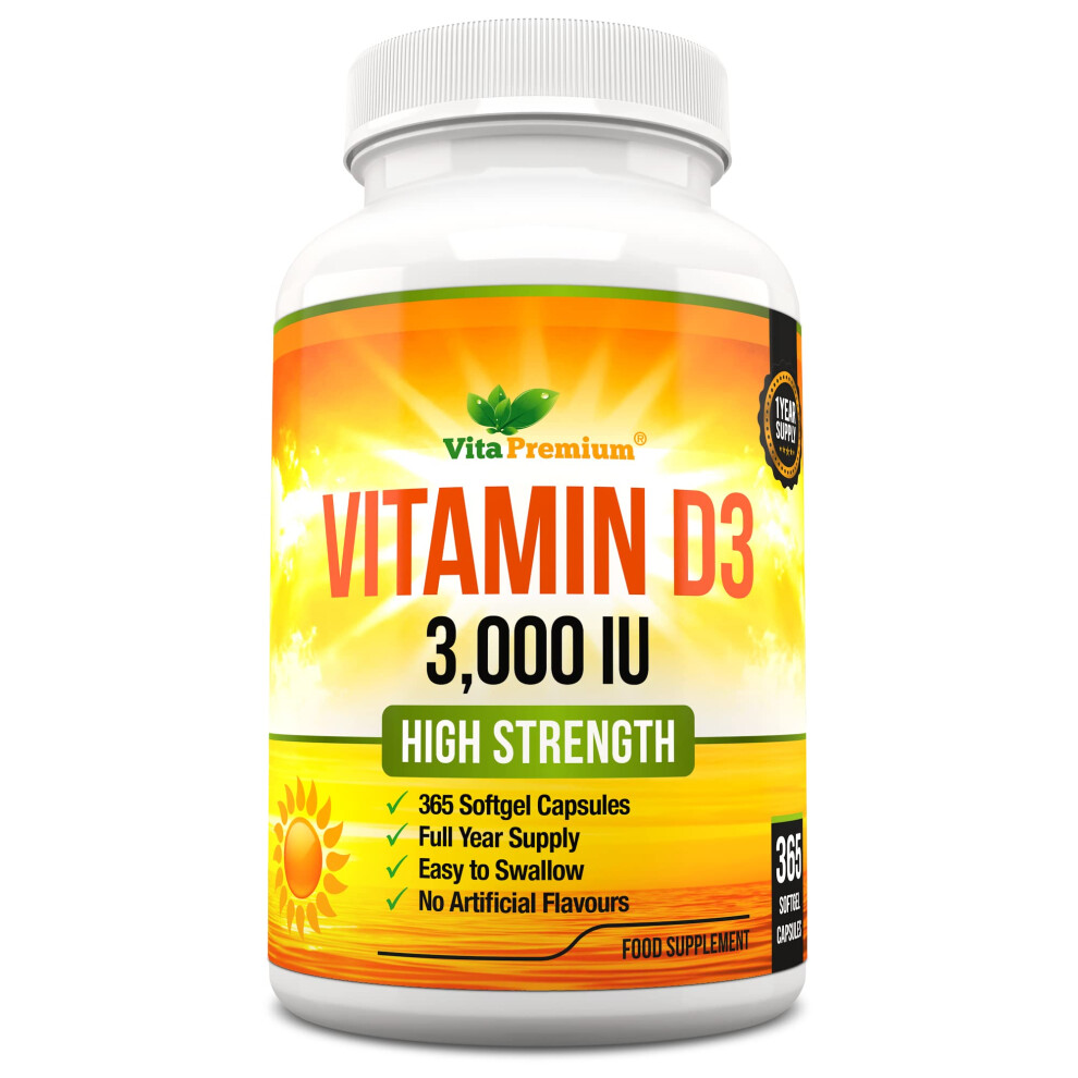 Vitapremium Vitamin D 3,000 Iu, High Strength Vitamin D3 Supplement, 365 Easy To Swallow Softgels - Full Year Supply