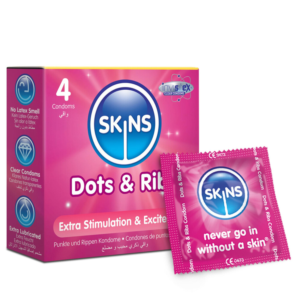 Skins Dots & Ribs Condoms 4 Pack - Ribbed And Dotted Condoms For Enhanced Pleasure - Extra Lubricated, Clear Sexual Contraception With Natural Feel W