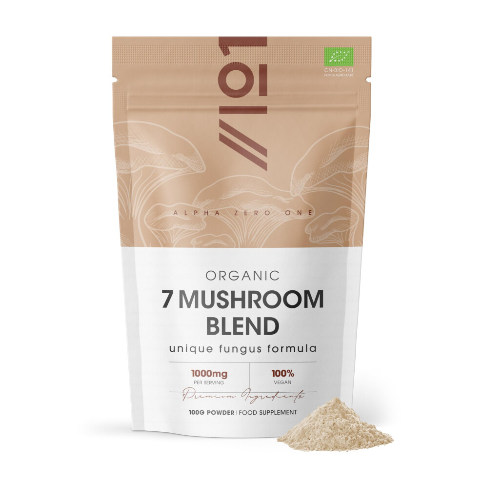 Alpha01 Organic 7 Mushroom Blend Powder 100G ~ Reishi, Cordyceps Sinensis, LionâS Mane, White Fungus, Maitake, Shiitake & Chaga Mushroom Supplement (Not Cap