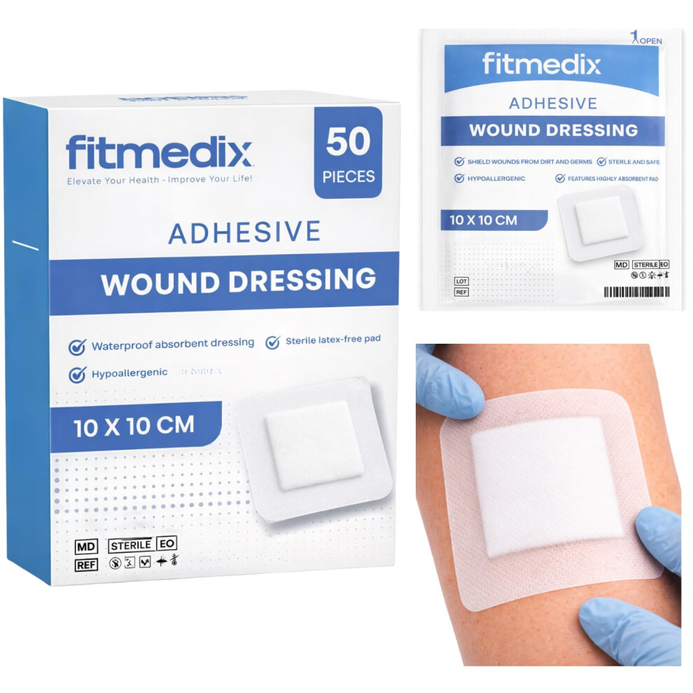 Fitmedix Premium Sterile Adhesive Wound Dressing (10Cm X 10Cm) - **Pack Of 50 For Wounds, Cuts, Grazes, Diabetic Leg Ulcers, Venous Leg Ulcers & Smal