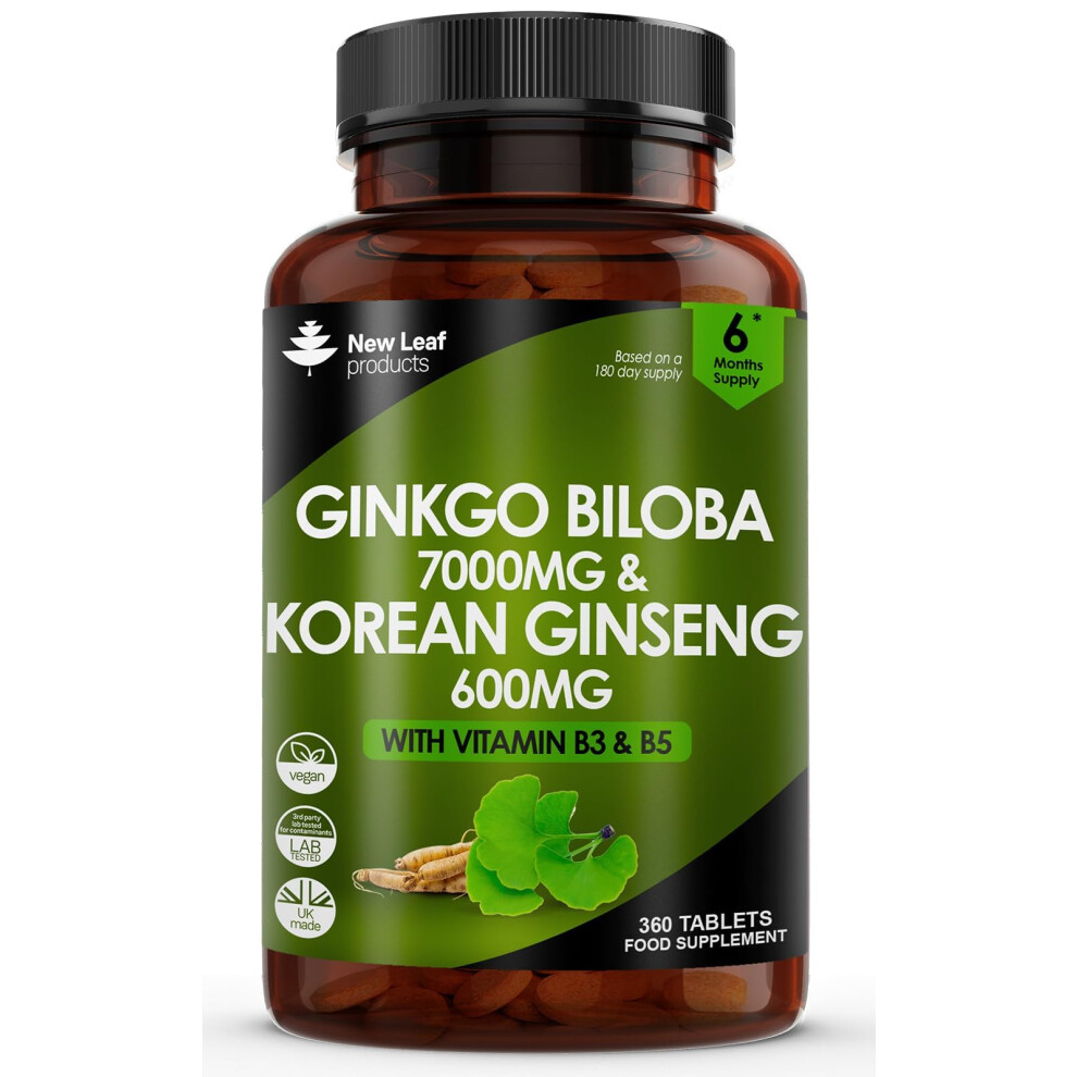 New Leaf Products Ginkgo Biloba And Korean Ginseng Tablets - 7000Mg Ginkgo Biloba Herbal Supplements & 600Mg Panax Ginseng High Strength Ginseng Extract - Enriched Wit