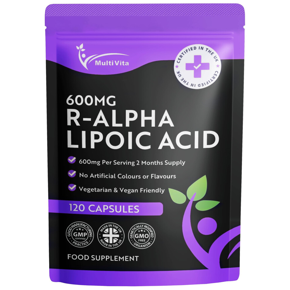 Multivita R-Alpha Lipoic Acid R-Ala 600Mg Per Serving 120 Capsules High Strength Antioxidant Supplement, Contains Only The R Form, Non-Gmo, Uk Manufactured To