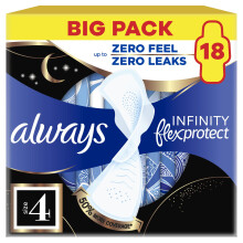 Always Infinity FlexProtect Sanitary Towels Night Extra (Size 4) with Wings 18 Pads, Unscented, for Up to Zero Feel & Zero Leaks, Super-Absorbent & F