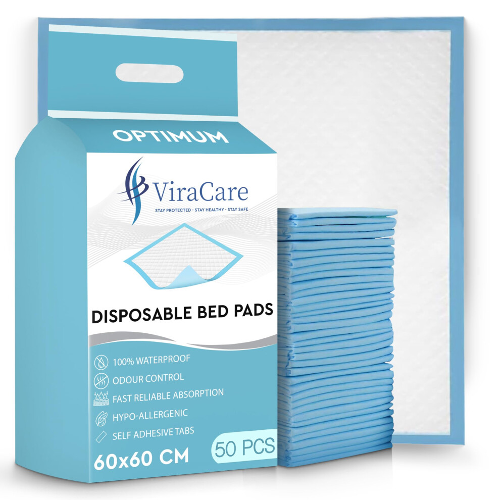 Viracare 50 X Incontinence Bed Pads | 60 X 60 Cm | Incontinence Bed Sheets | Disposable Mattress Protector | Self Adhesive Tabs | Absorbent Pads | (1 Packs Of