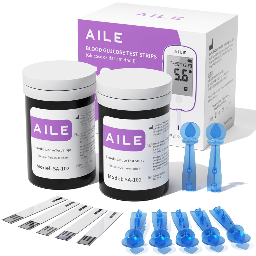 Aile Blood Glucose Test Strips For Diabetics: Blood Sugar Test Strips 50 Pcs - 50 Lancets For Home Use - Only Use With A608 Blood Glucose Monito