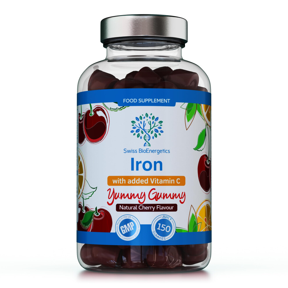 Swiss Bioenergetics Iron Gummies With Added Vitamin C - 150 Natural Cherry Flavour Chewable Yummy Gummies - 5 Month Supply - Efficient Absorption And Gentler Digestion F