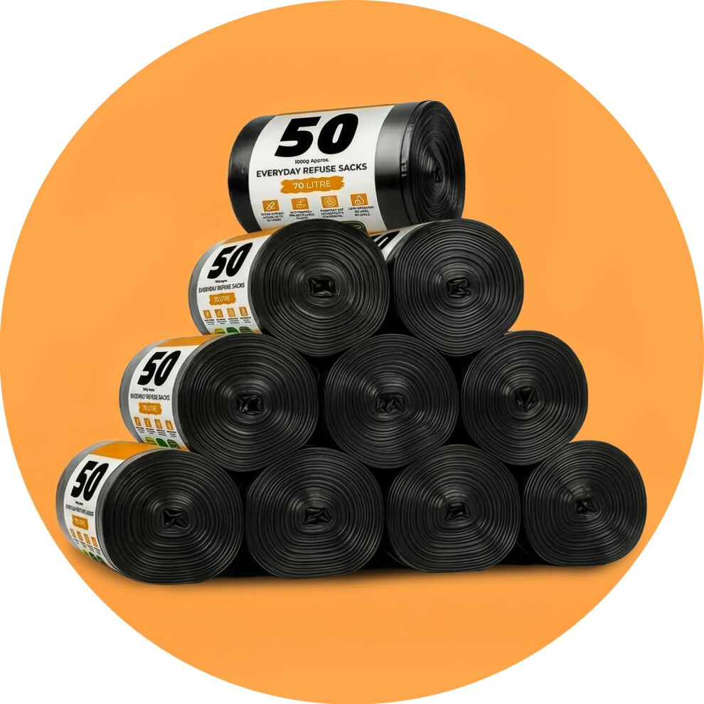 Roe Tenpo Black 500 Pack Bin Bags - 70L, 30 Microns Bin Liners, Strong & Durable, Tear Resistant Refuse Sack, Bin Bags For Everyday Use, Household &