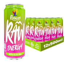 Rubicon RAW 12 Pack Apple & Guava 500ml Energy Drink, 20% Real Fruit Juice, High caffeine with B-Vitamins, Ginseng & Guarana