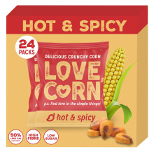 LOVE CORN Hot & Spicy Crunchy Corn (24 x 20g) - High Fibre Snack, High Oleic Sunflower Oil, Gluten-Free, Vegan, Kosher, Low Sugar