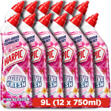 Harpic Active Fresh Toilet Cleaning Gel, Pink Blossom, 750ml (12 x 750ml, Total 9.0L), with Essential Oils, Anti-odour, Toilet Cleaner, Kills 99.9% o