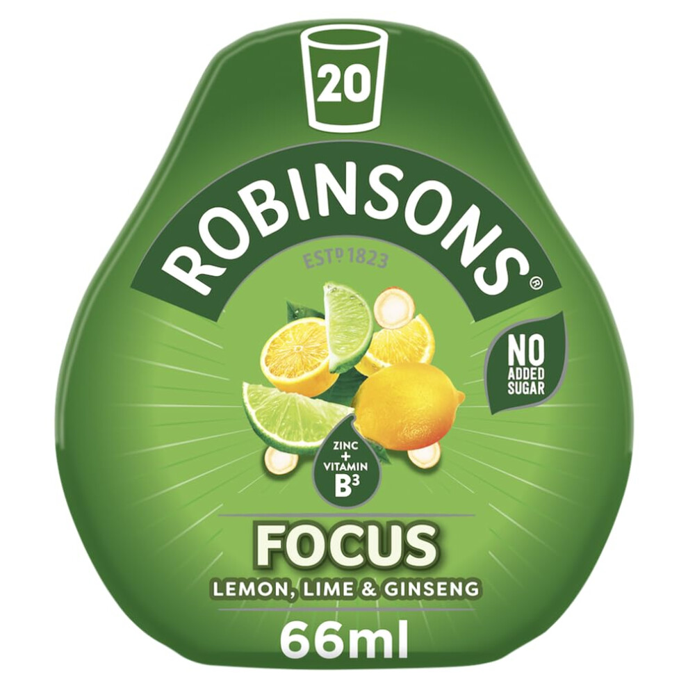 Robinsons Benefit Drops. Focus Lemon, Lime And Ginseng Flavour. 66Ml