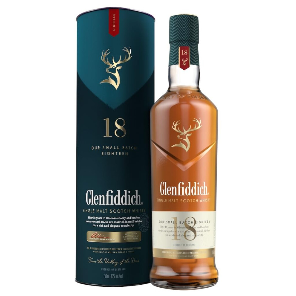 Glenfiddich 18 Year Old Single Malt Scotch Whisky - Refined Elegance - Oak, Baked Apple, Cinnamon - Matured In Oloroso Sherry & Bourbon Casks - Small