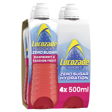 Lucozade Sport Zero Sugar - Raspberry and Passionfruit 4x500ml | Sugar Free Sports Drink, with Vitamin B3 and electrolyte