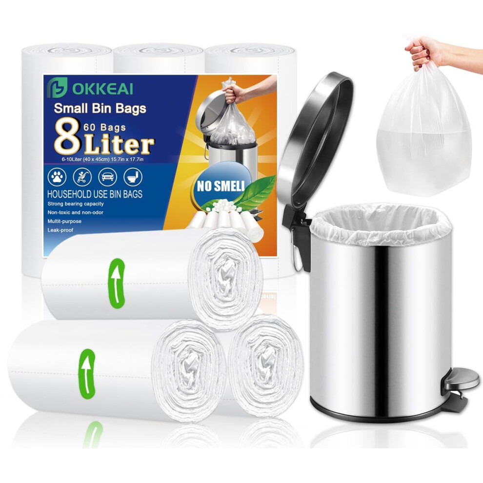 Okkeai White Small Pedal Bin Liners Bathroom Bin Bags Garbage Bag 8L Rubbish Bag Plastic Clear Trash Bags For Toilet,Office Fit 6L,7L,8L,9L,10L