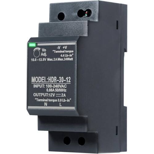 HDR-30-12 DIN Rail Power Supply - 24W, 12VDC, 2A with Versatile Mounting Options