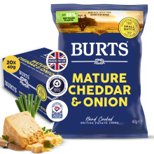 Burts Mature Cheddar and Onion Hand Cooked Chips - 20 x 40 g Multipack Crisps Box - Vegetarian Friendly, Gluten Free, Hydrogenated Fat Free, Cheese a