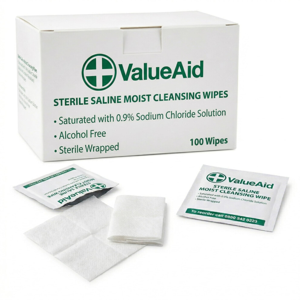 Value Aid Sterile Saline Moist Cleansing Wipes Box Of 100 - Alcohol Free 0.9% Sodium Chloride Skin Cleaning Wipes - Individually Wrapped First Aid Wi