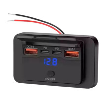 Painel de Tomadas USB para Veículos Recreativos com 4 Portas e Visor de Voltagem para Carregador de Carros e Barcos