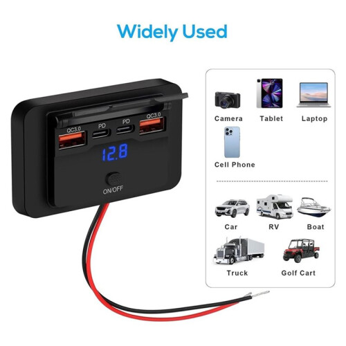 RV USB Outlet 4  Car Charger Socket Panel with Voltage Display Auto Boat Marine Power Adapter Outlet 2