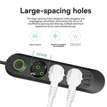 2500W AC Outlet Multiprise Power Strip Extension Cord European Standard Socket with USB Charging EU Plug A