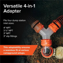 Clear RV Sewer Hose Elbow with 4-in-1 Adapter - Features A 360-Degree Fitting Rotation and Built-in Gasket