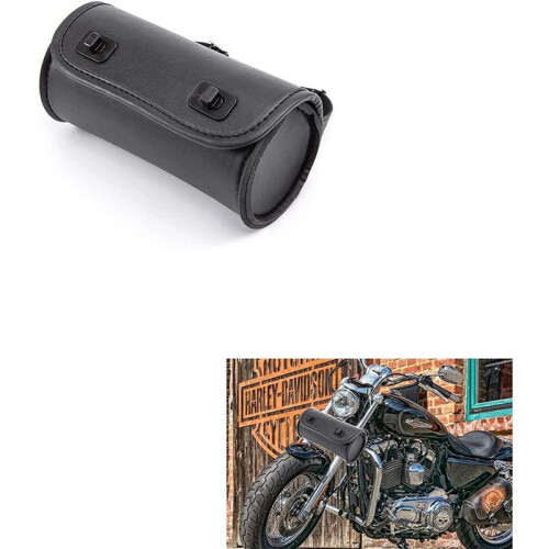 2X Motorcycle Fork Bag PU Leather Handlebar Tool Pouch Sissy Bar Roll Storage Bag Saddle Bag with 2 Straps, Universal 2