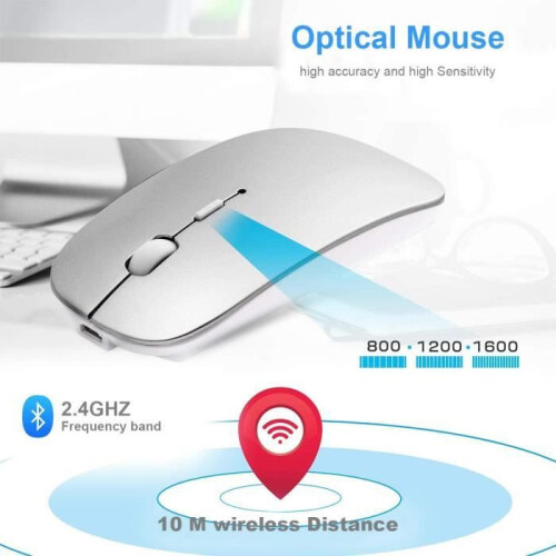 Ultra Slim Silent Wireless Mouse, Silver, Rechargeable, Ergonomic Design for Laptop and Computer 1