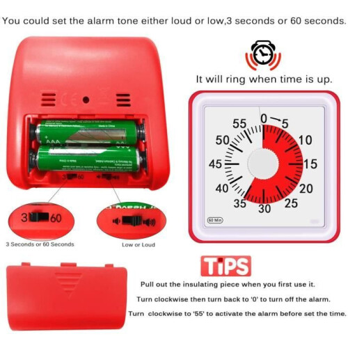 Visual Analog Countdown Timer, Silent Timer, Red ABS Plastic, 78 x 78 x 45 mm, Easy to Use, Home and Classroom Use 2