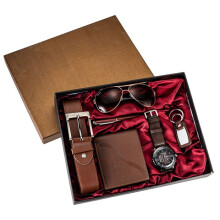 Conjunto de oferta masculino de 6 peças com caixa, cinto de pele castanha, carteira, relógio, óculos, porta-chaves e can