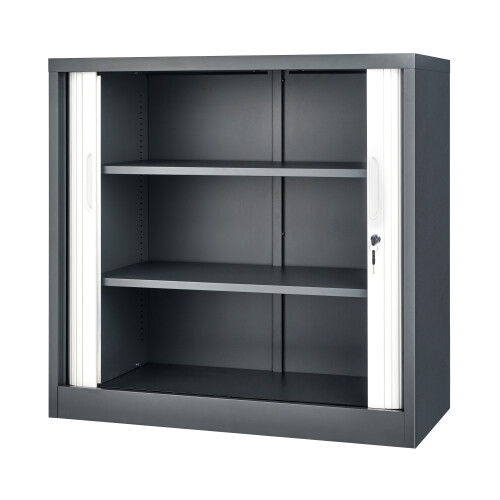 Tambour Storage Cabinet Office Cupboard Rolling Sliding Door Grey White 2