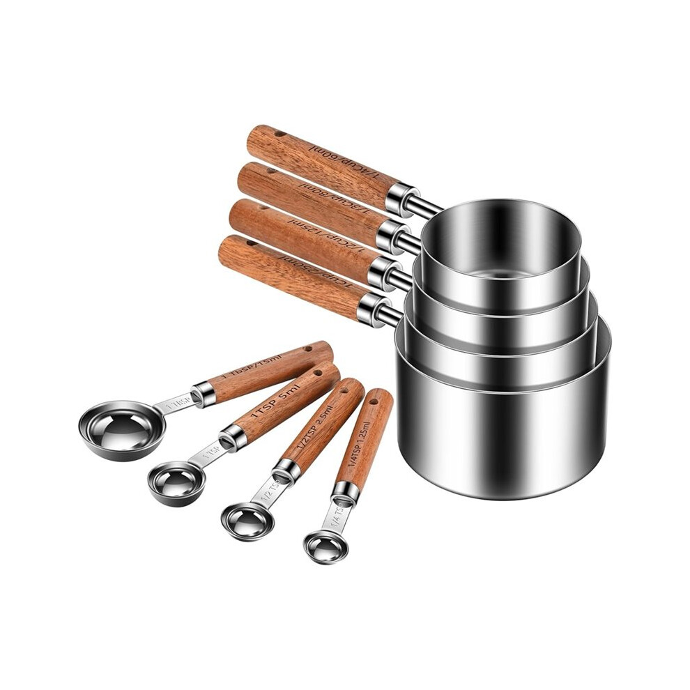 Stainless Steel Measuring Cups And Spoons Set Of 8, Stackable Wooden Handle Metal Measuring Cup & Spoon Set 6033588865741