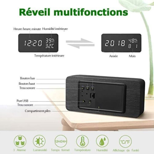 Artificial Wood LED Alarm Clock with Time, Date, and Temperature Display, Voice Control, and Adjustable Brightness 2