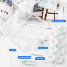 5 pairs of contact lens storage cases with L and R caps, storage bottle and solvents, tweezers
